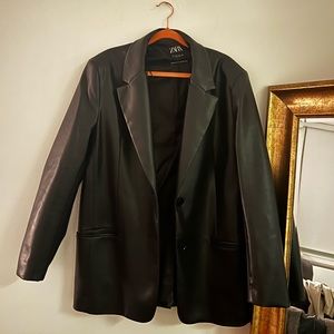 Zara Black Faux Leather Blazer Size L
